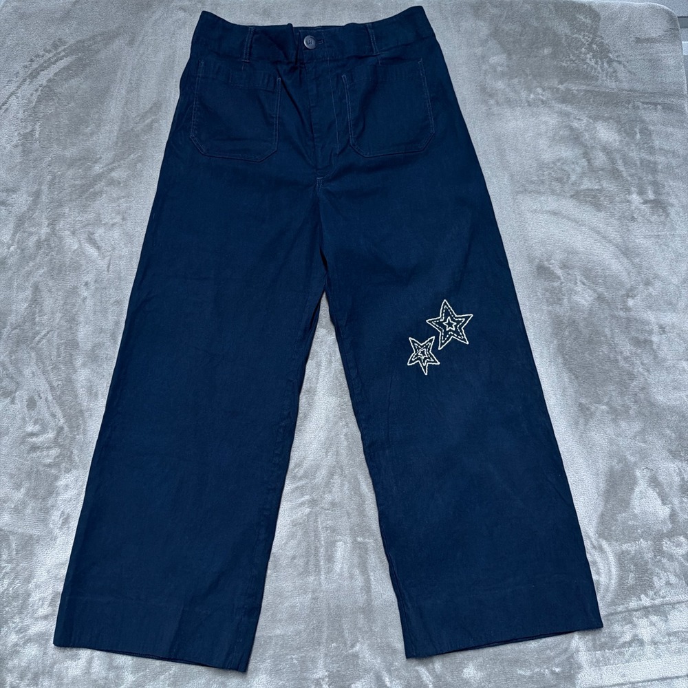 Maeve The Colette Pants Womens 32 Navy Blue Star Embroidered Wide Leg Cropped